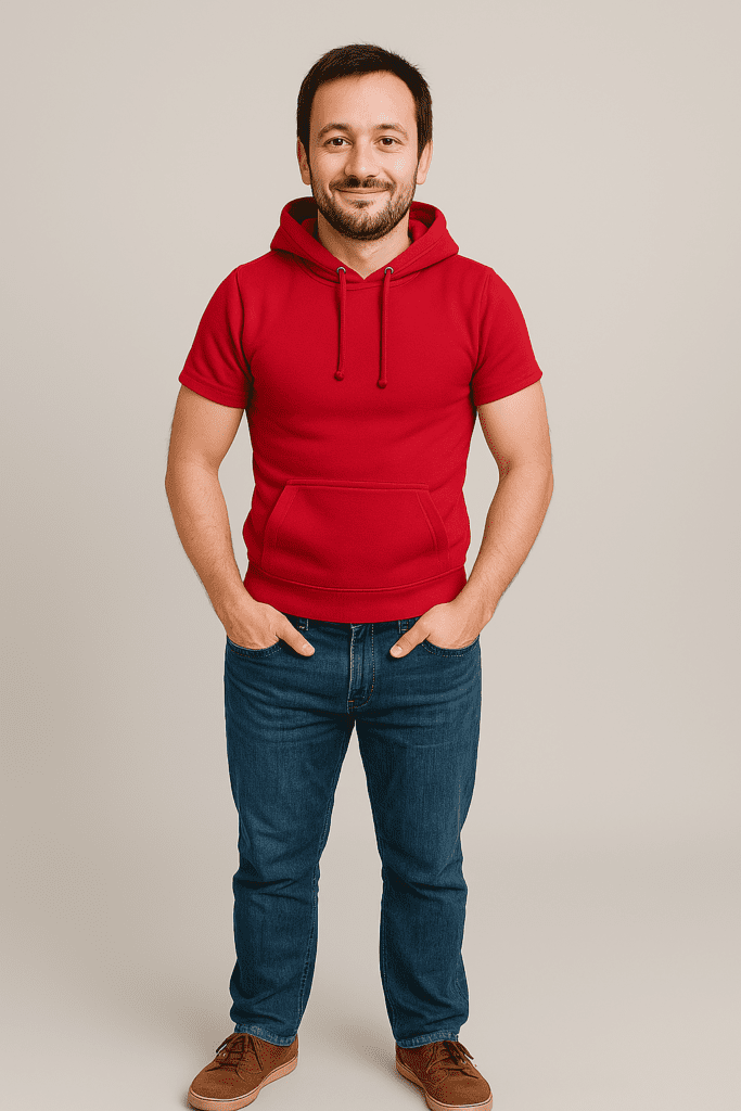 AI-generated image of the man wearing an XS red hoodie with the modified prompt
