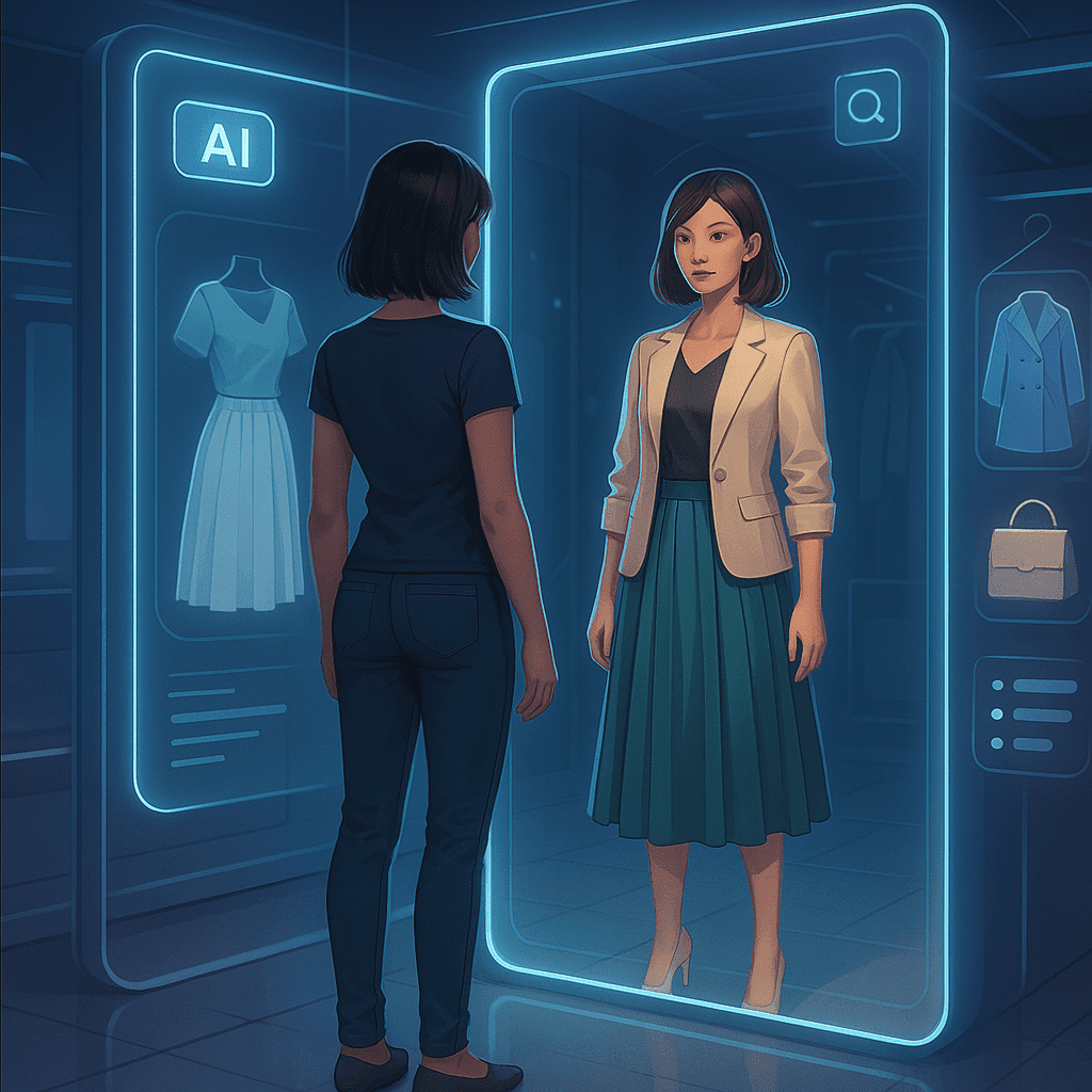 A futuristic virtual try-on experience powered by AI. A woman stands in front of a digital mirror, and her reflection shows her wearing a stylish outfit generated by artificial intelligence. Around her are holographic clothing options, glowing UI elements, and a sleek, modern tech environment. The scene blends fashion and technology, with smooth lighting and a high-end digital aesthetic.