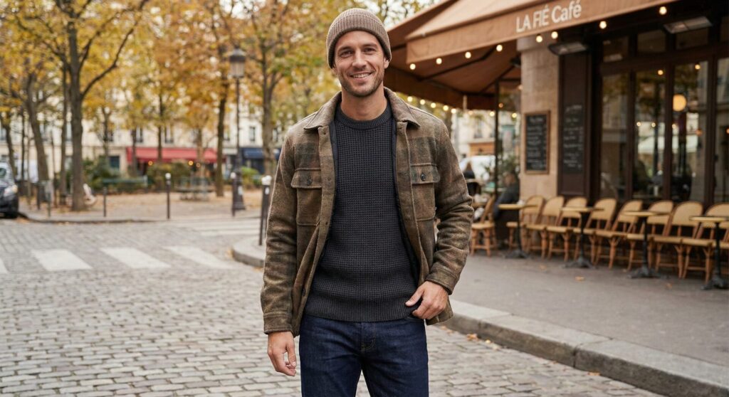 یه بافت مدل وافلی رنگ زغالی با شلوار جین تیره، که روش یه پیراهن ضخیم گرم پوشیدی و یه کلاه بافت ساده سرت کردی، هم برای هوای سرد مناسبه و هم خیلی مرتب و حسابی به نظر میاد.