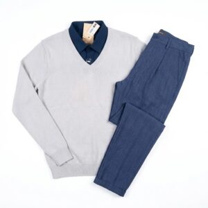 ست نیمه‌رسمی طوسی سرمه‌ای (بافت یقه گرد طوسی + پیراهن سرمه ای + شلوار سرمه ای)