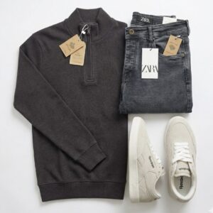 ست نیم زیپ طوسی تیره + شلوار جین ذغالی + کتانی ریباک خاکستری روشن