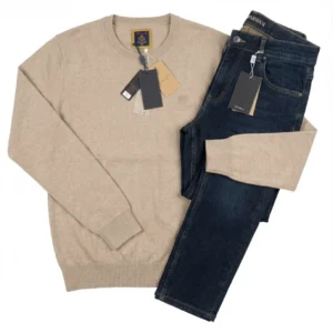 ست شلوار جین و پلیور یقه گرد کرمی