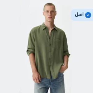 پیراهن لینن آستین بلند مردانه وارداتی اچ اند ام- سبز ارتشی