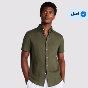 پیراهن لینن آستین کوتاه مردانه وارداتی برند Next- سبز ارتشی تیره