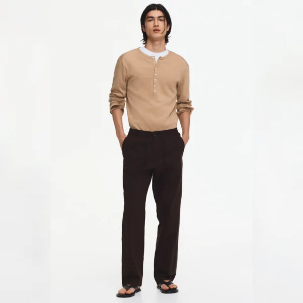 شلوار لینن مردانه نیم بگ خنک و راحت برند H&M - قهوه‌ای - تصویر ۲