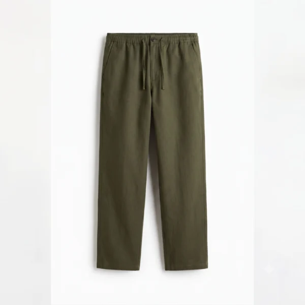 شلوار لینن مردانه نیم بگ خنک و راحت برند H&M - سبز ارتشی - تصویر ۴