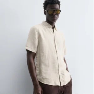 پیراهن آستین کوتاه لینن خنک مردانه برند ZARA- کرمی