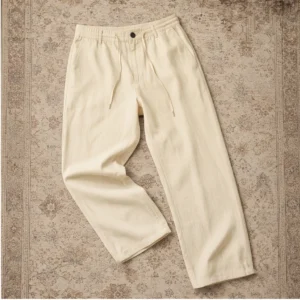 شلوار لینن مردانه خنک کمرکش نیم بگ pull and bear کرمی