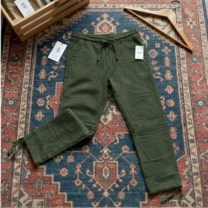 شلوار خنک کتان کاغذی مردانه رگولار pull a bear- سبز تیره ارتشی