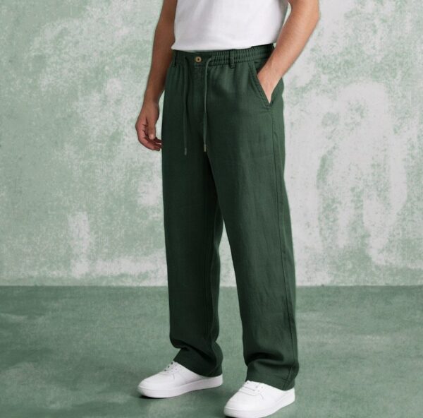 شلوار لینن کمرکش نیم بگ pull and bear - سبز یشمی تیره