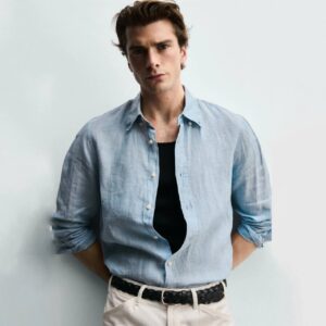 پیراهن آستین بلند لینن وارداتی ZARA- آبی