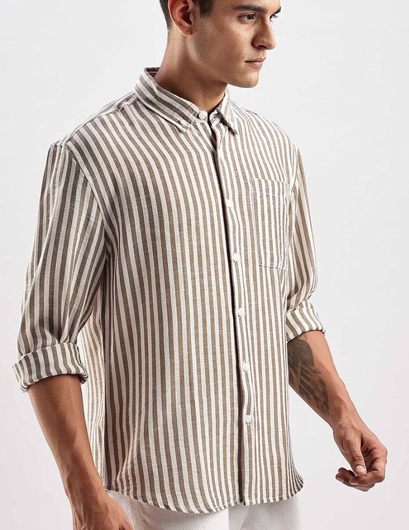 پیراهن لینن مردانه آستین بلند راه راه وارداتی Defacto - سبز زیتونی (کپی)