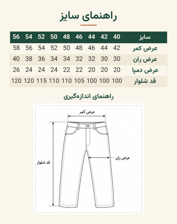 راهنمای سایز شلوار کتان برزنتی Carpenter برند ariet- خاکی