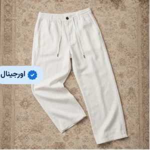شلوار لینن مردانه خنک کمرکش نیم بگ pull and bear - سفید