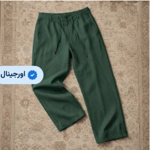 شلوار لینن مردانه کمرکش نیم بگ pull and bear - سبز یشمی تیره