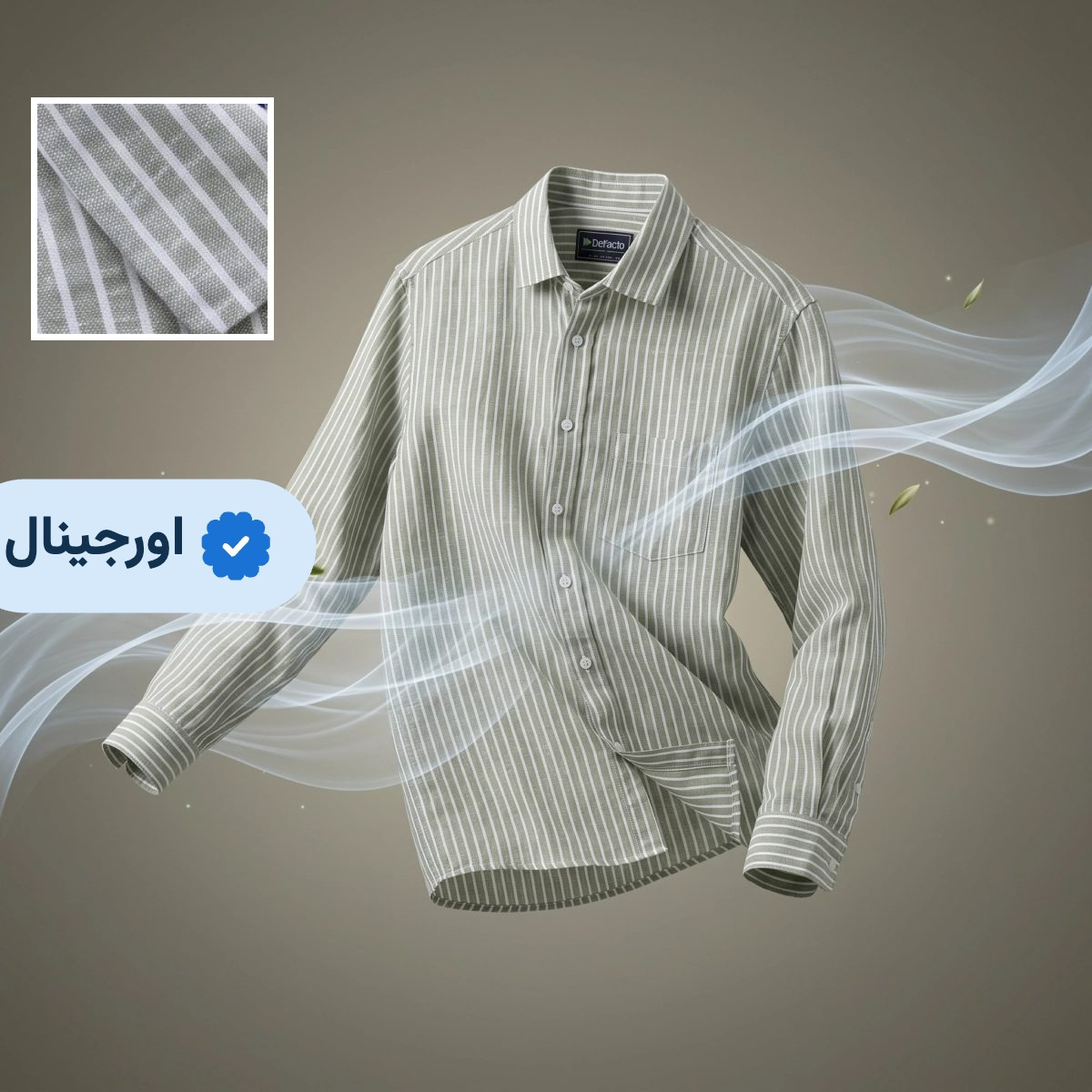 پیراهن لینن مردانه آستین بلند راه راه وارداتی Defacto – سبز زیتونی