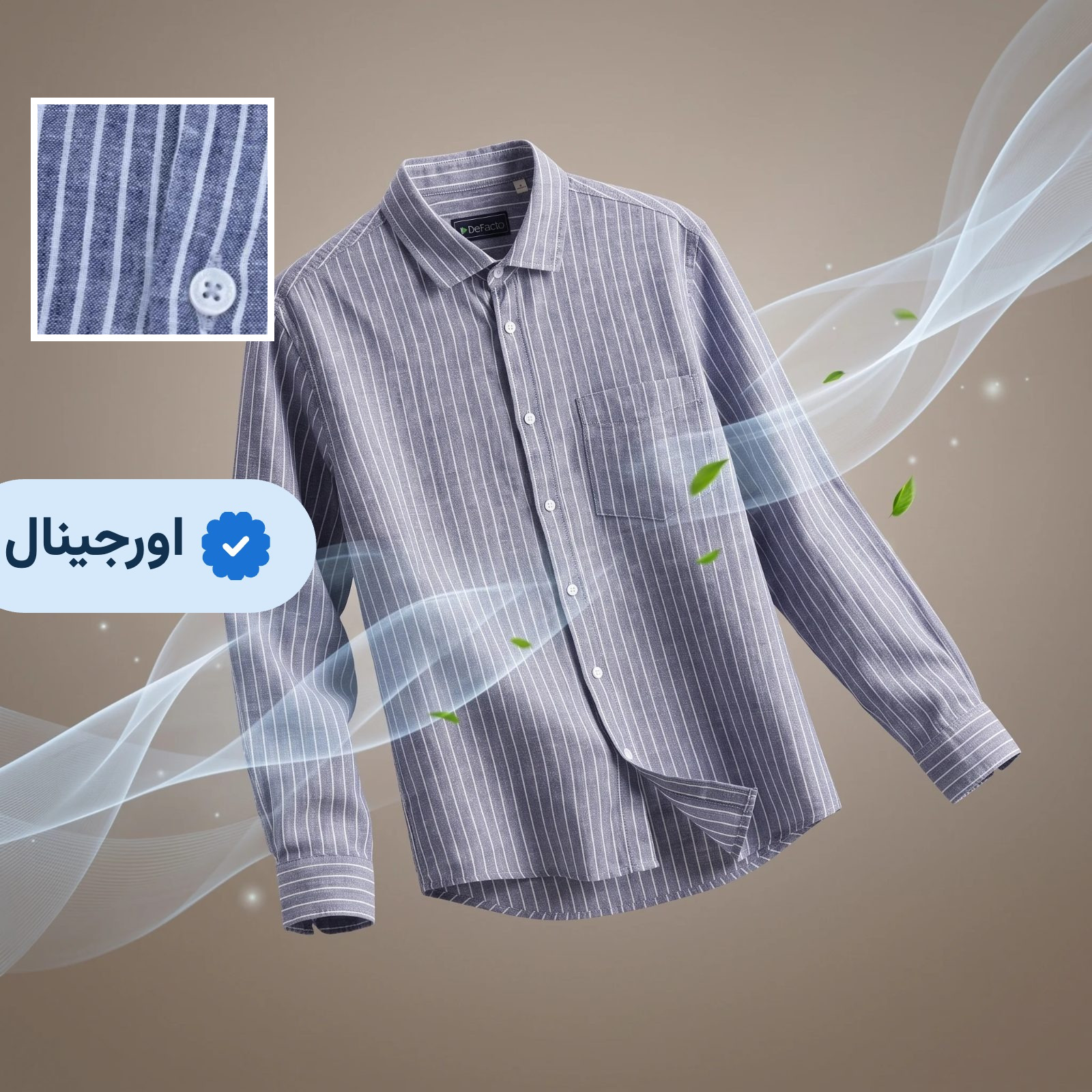 پیراهن لینن مردانه آستین بلند راه راه وارداتی Defacto – آبی