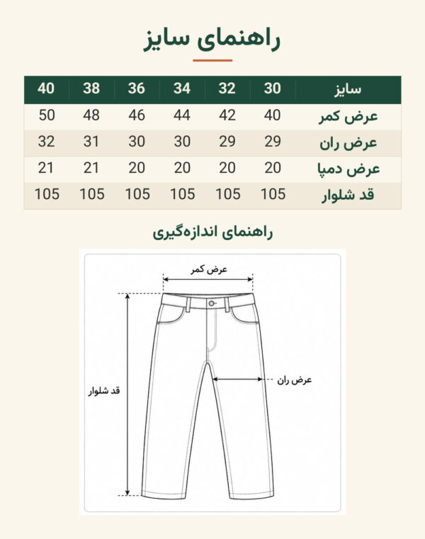 راهنمای سایز شلوار کتان راسته ساده مردانه جک ان جونز _سبز ارتشی