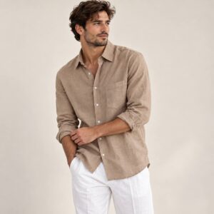 پیراهن کنفی آستین بلند مردانه وارداتی زارا ZARA- کرم تیره