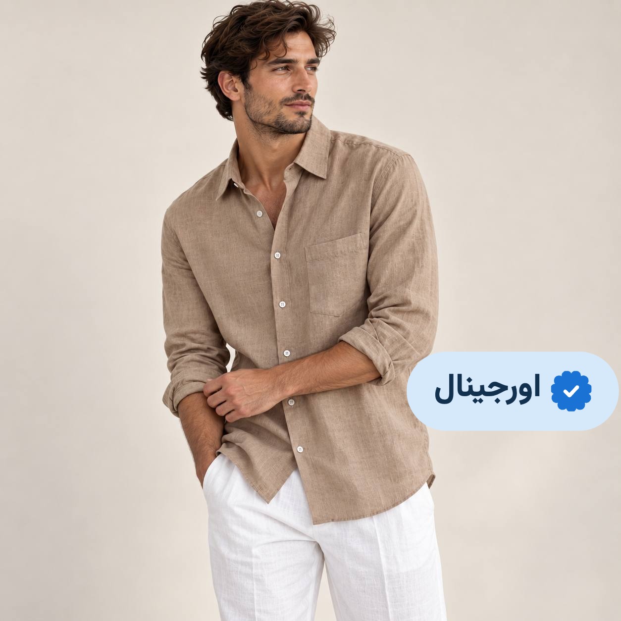 پیراهن کنفی آستین بلند مردانه وارداتی زارا ZARA- کرم تیره