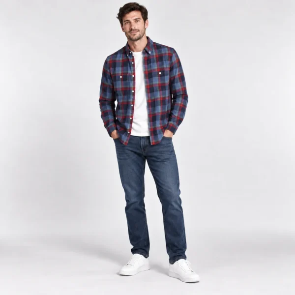 پیراهن مردانه اسپرت پوشاک آستین بلند چهارخانه آبی برند H&M – کد۰۲