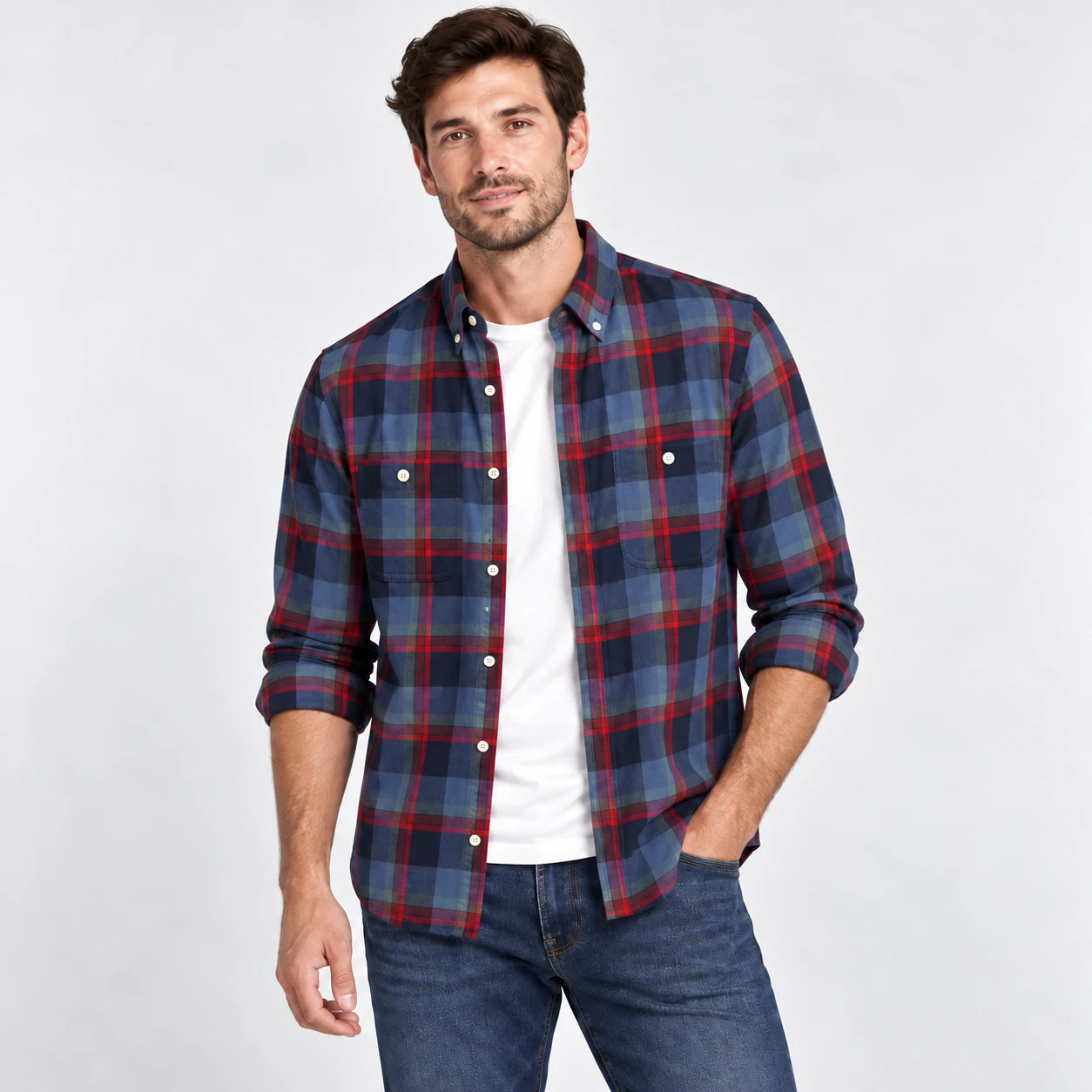 پیراهن مردانه اسپرت پوشاک آستین بلند چهارخانه آبی برند H&M – کد۰۲