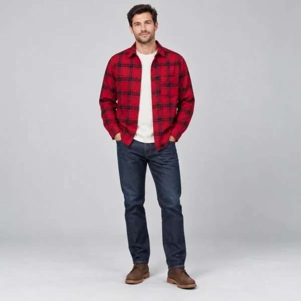 پیراهن مردانه اسپرت پوشاک آستین بلند چهارخانه قرمز برند H&M – کد۱۳