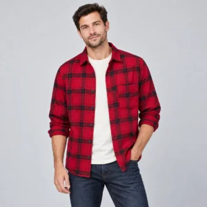 پیراهن مردانه اسپرت پوشاک آستین بلند چهارخانه قرمز برند H&M - کد۱۳