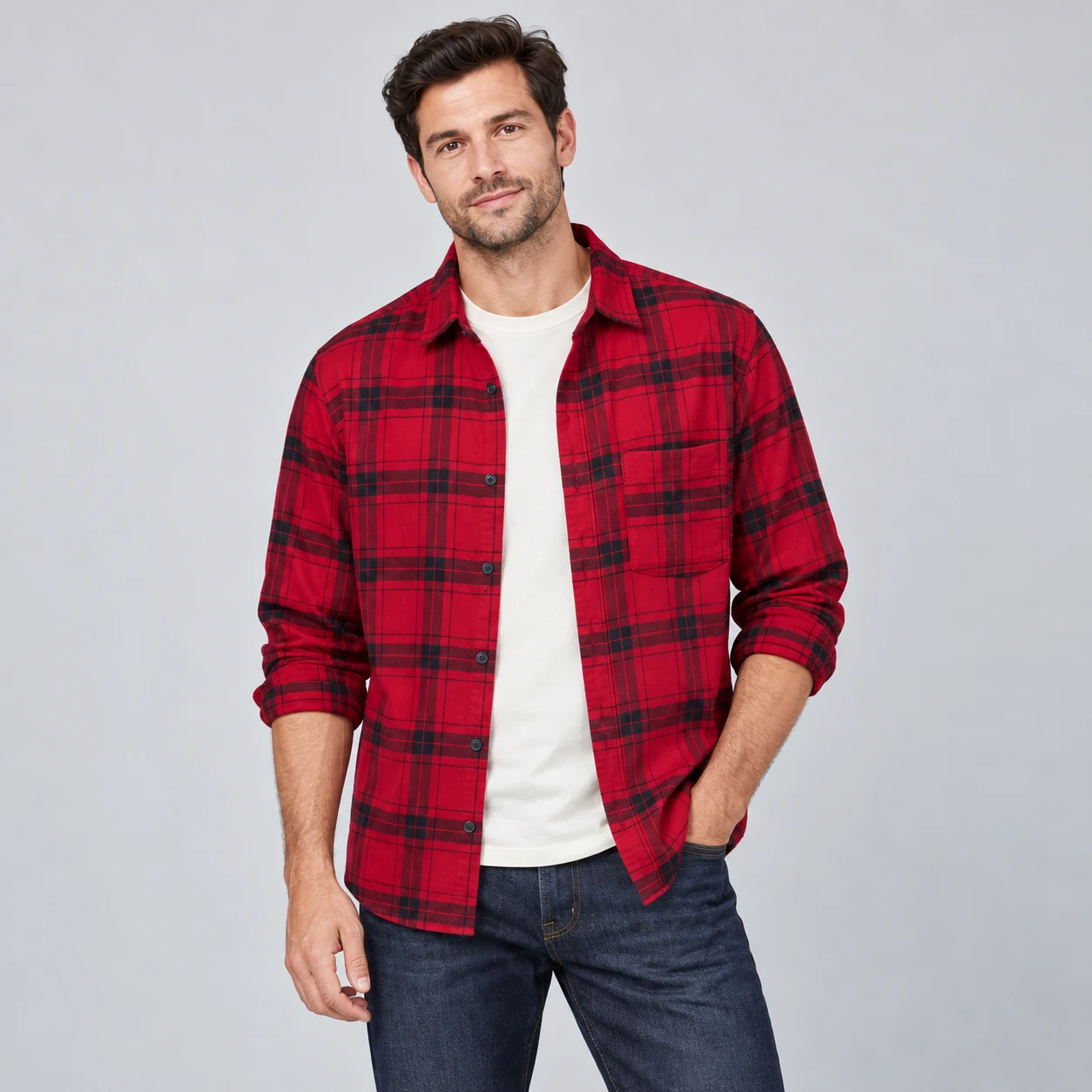 پیراهن مردانه اسپرت پوشاک آستین بلند چهارخانه قرمز برند H&M – کد۱۳
