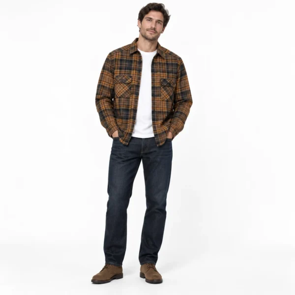 پیراهن مردانه اسپرت پوشاک آستین بلند چهارخانه قهوه‌ای برند H&M – کد۰۱