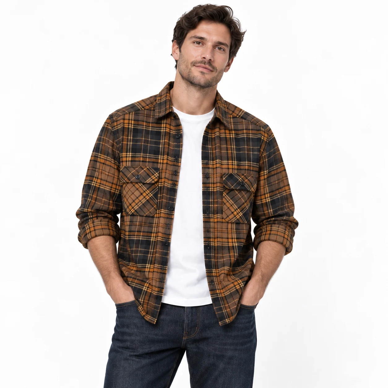 پیراهن مردانه اسپرت پوشاک آستین بلند چهارخانه قهوه‌ای برند H&M – کد۰۱