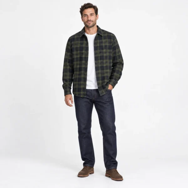پیراهن پشمی مردانه چهارخانه زیتونی وارداتی برند اچ اند ام H&M – کد۱۱