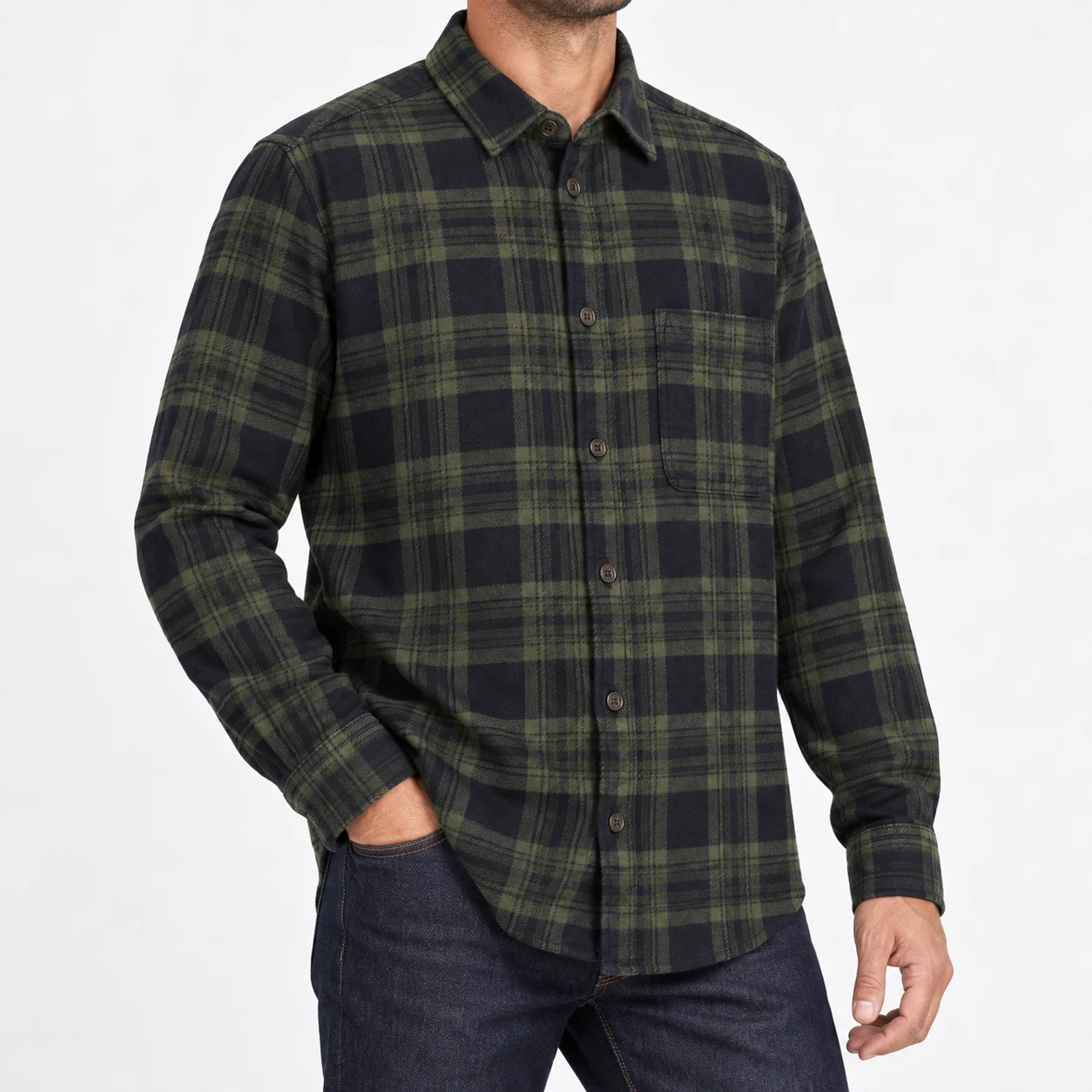 پیراهن پشمی مردانه چهارخانه زیتونی وارداتی برند اچ اند ام H&M – کد۱۱