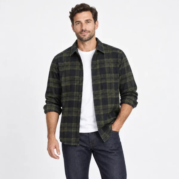 پیراهن پشمی مردانه چهارخانه زیتونی وارداتی برند اچ اند ام H&M – کد۱۱