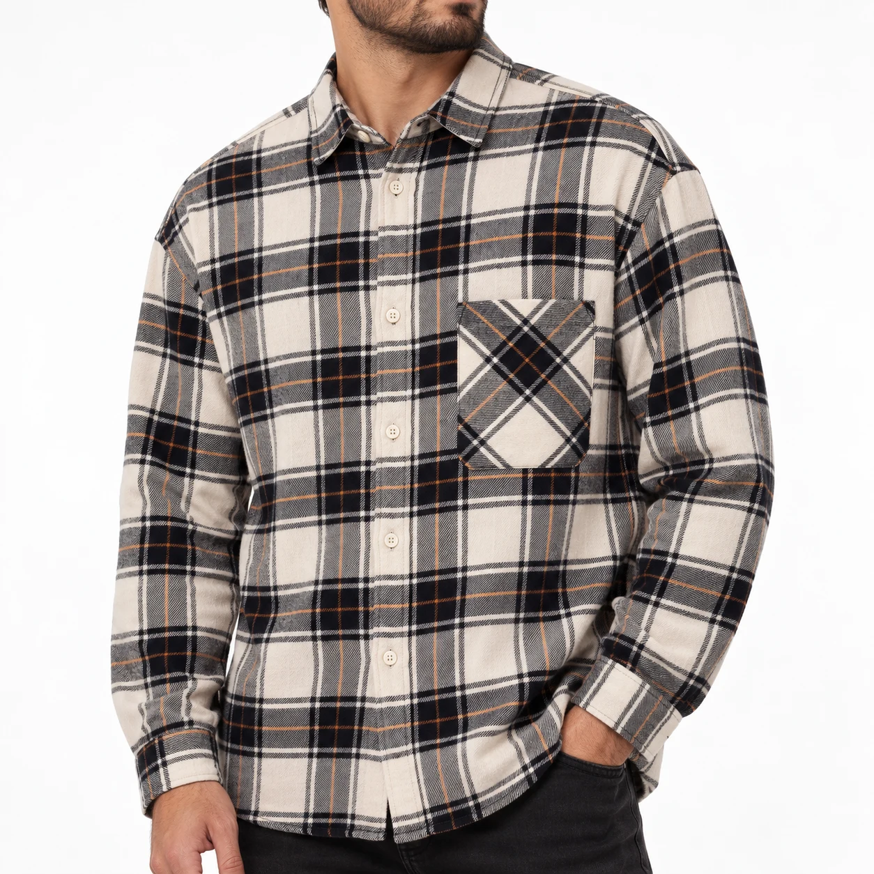 پیراهن پشمی مردانه چهارخانه سفید مشکی وارداتی برند اچ اند ام H&M – کد۰۶