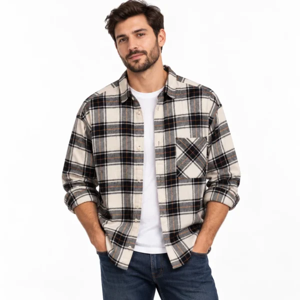 پیراهن پشمی مردانه چهارخانه سفید مشکی وارداتی برند اچ اند ام H&M – کد۰۶
