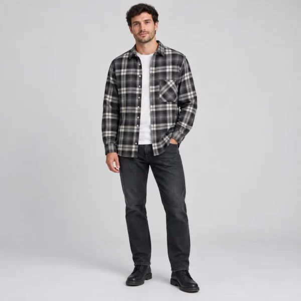 پیراهن پشمی مردانه چهارخانه طوسی مشکی وارداتی برند اچ اند ام H&M – کد۰۸