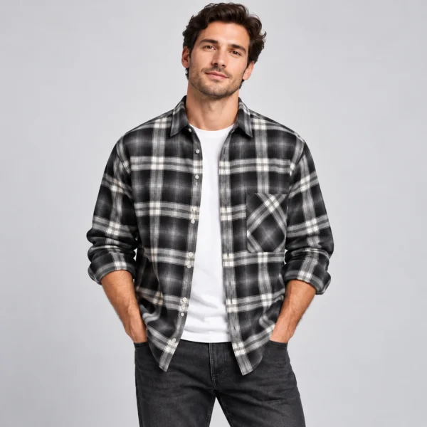 پیراهن پشمی مردانه چهارخانه طوسی مشکی وارداتی برند اچ اند ام H&M – کد۰۸