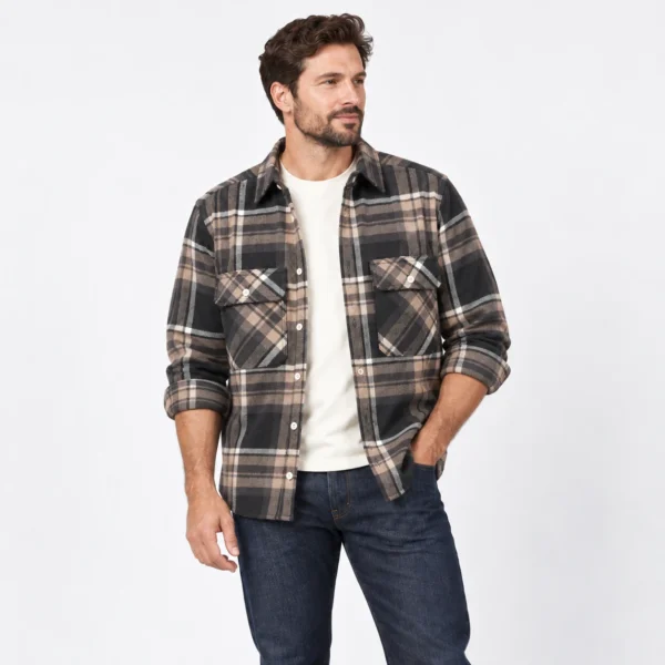 پیراهن پشمی مردانه چهارخانه قهوه‌ای وارداتی برند اچ اند ام H&M – کد۰۴