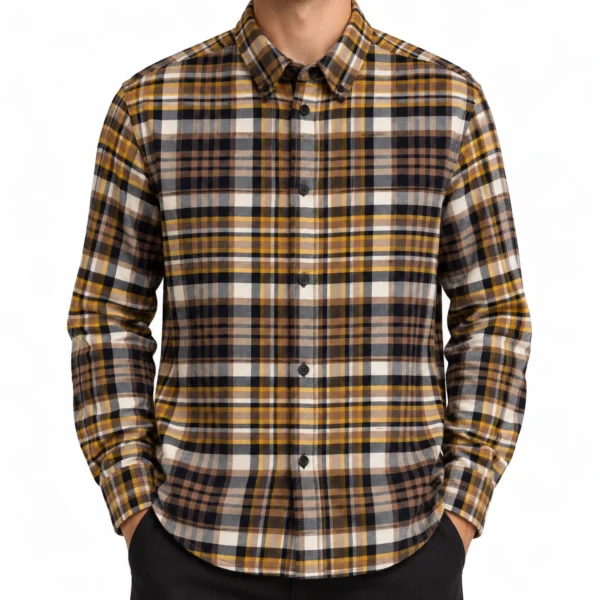 پیراهن پشمی مردانه چهارخانه کرم وارداتی برند اچ اند ام H&M- کد۱۰
