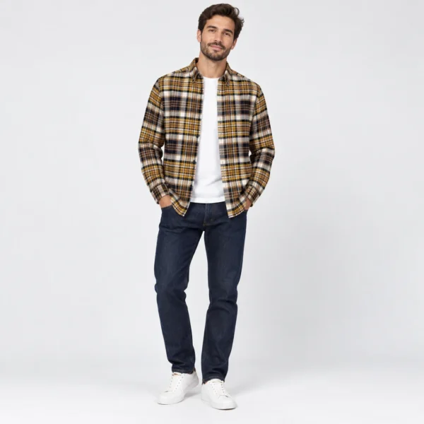 پیراهن پشمی مردانه چهارخانه کرم وارداتی برند اچ اند ام H&M- کد۱۰