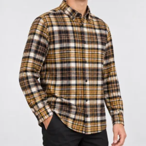پیراهن پشمی مردانه چهارخانه کرم وارداتی برند اچ اند ام H&M- کد۱۰