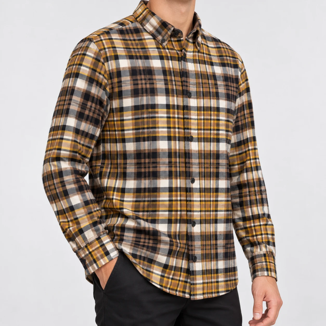 پیراهن پشمی مردانه چهارخانه کرم وارداتی برند اچ اند ام H&M- کد۱۰
