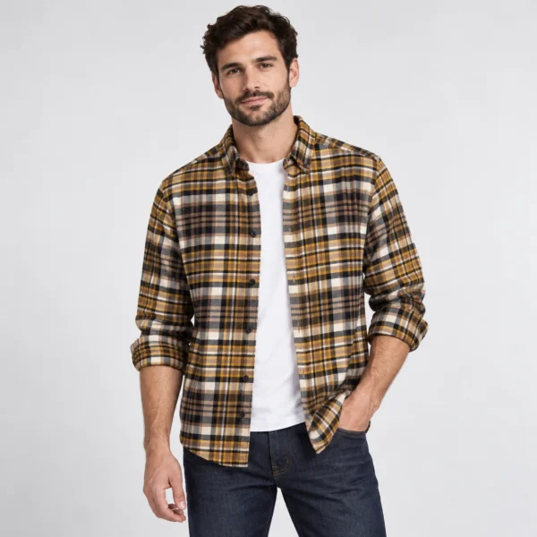 پیراهن پشمی مردانه چهارخانه کرم وارداتی برند اچ اند ام H&M- کد۱۰